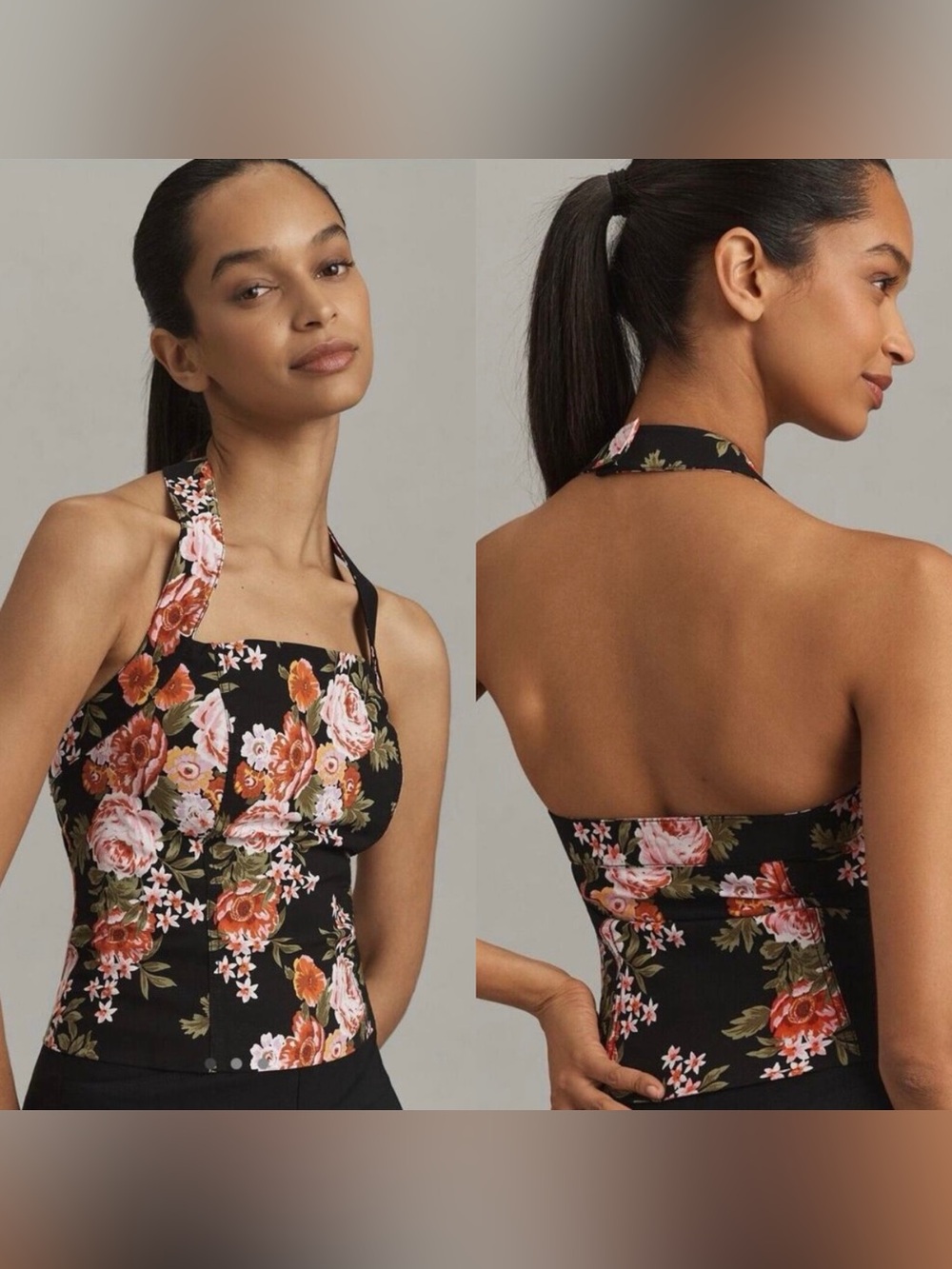 Anthropologie Maeve Retro Halter Floral Top in Black Motif Size Small